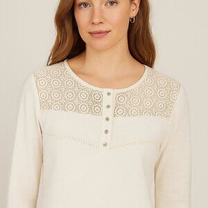 Sundance Women's Cottagecore Lace Panel Pullover Henley Thermal Top Medium